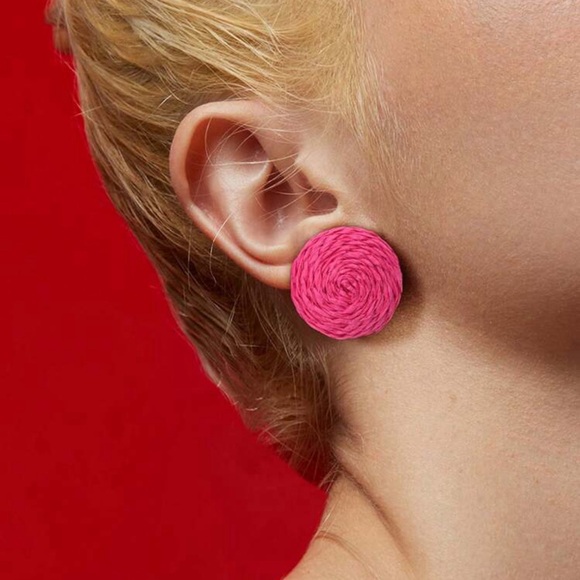 Round Shaped Raffia Earrings Studs Set - Picture 2 of 4